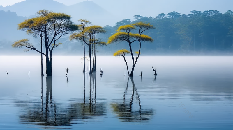 蓝色水中倒影烟雾水中树风景背景,高清,摄影图,摄影图片,图片大全,摄影图免费下载